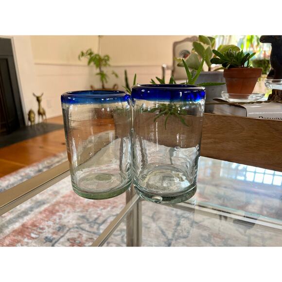Vintage Mexican Hand Blown Cobalt Blue-Rimmed Glasses / Juice Water Glass - Picture 1 of 10